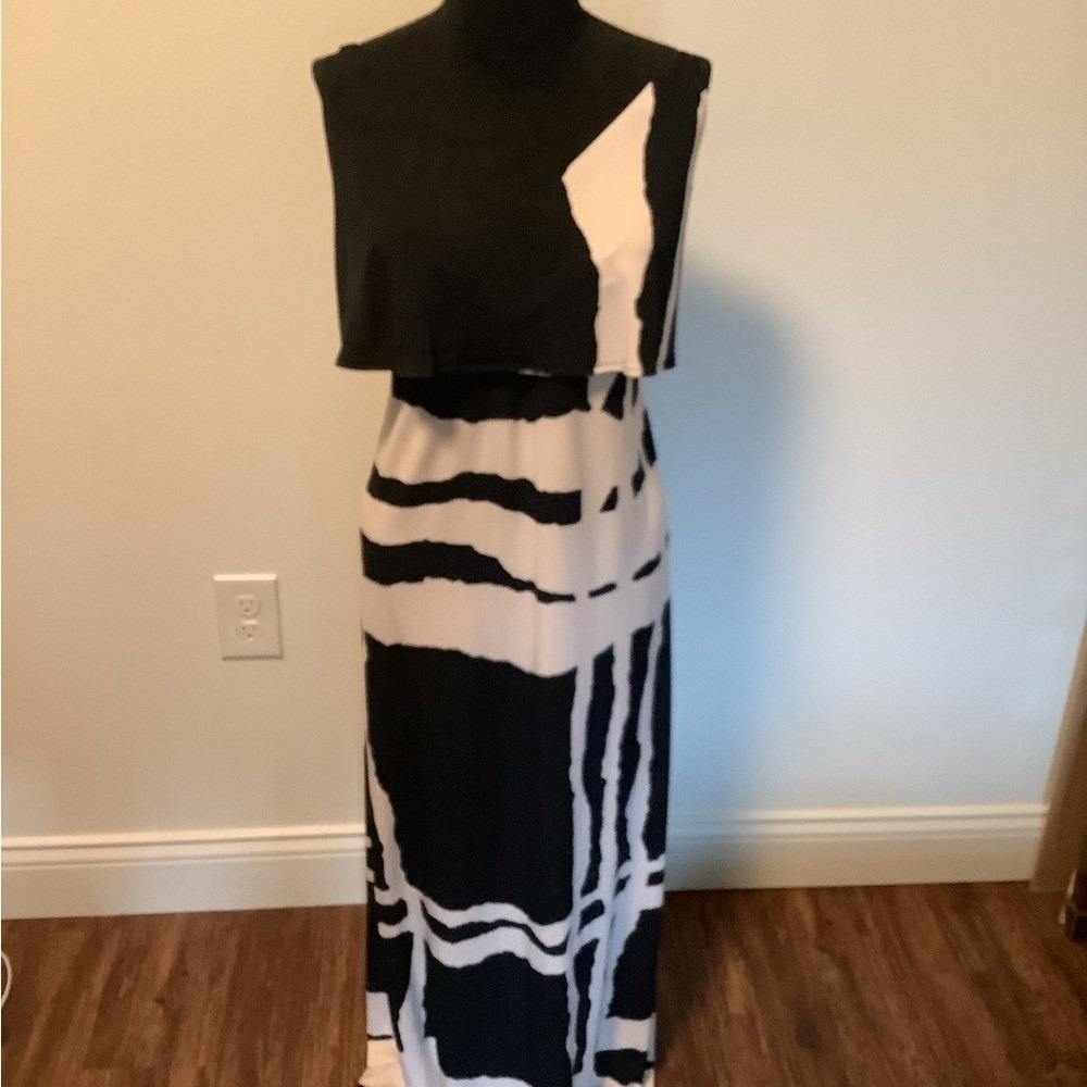 Abstract Print Maxi Dress Black Cream Layered Bodice Tie Back 837043 RN 58142 - Picture 12 of 12